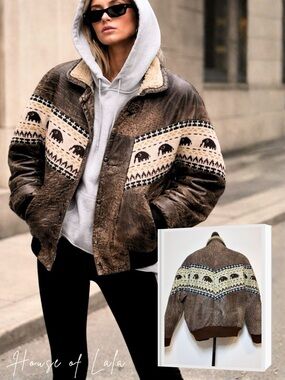 Vintage Distressed Lamb Leather Elephant Sweater Jacket Western Lodge